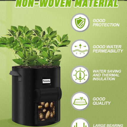 5 Pack | 10 Gallon Grow Bags | Heavy Duty 450g Non-Woven Fabric | With Handles | For Root Vegetables | Includes 10 Labels | Breathable & Drainage | Indoor Outdoor Use | Ideal for Potatoes, Onions, Garlic