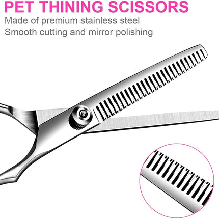 Professional Pet Grooming Scissors Set | Stainless Steel Shears | Round Tips for Safe Trimming | Ergonomic Handle | Includes Thinning Shears, Curved & Straight Scissors, Comb, Cloth, Leather Case