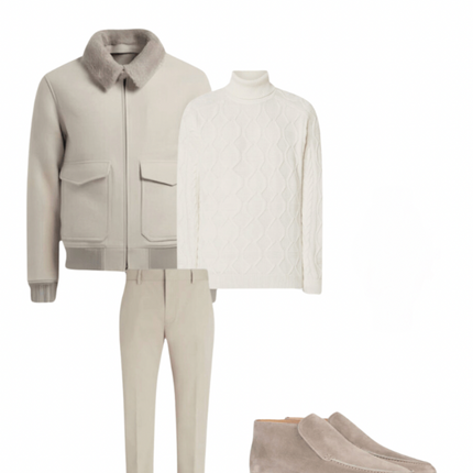 Stylish Winter Ensemble for Men | Luxurious Suede Outerwear | Merino Wool Sweater | Slim-Cut Trousers | High Suede Loafers | Essential Beige/White | Puento Fortade - TP 33
