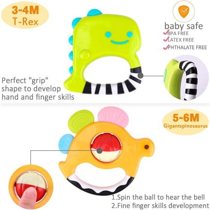 Dinosaur-Themed Infant Rattles | 5 Pc Set with Sensory Teethers | Baby Development Toy | Brightly Colored Shakers | Age-Specific Design | Silicone Teething Relief | Unisex Gift Option
