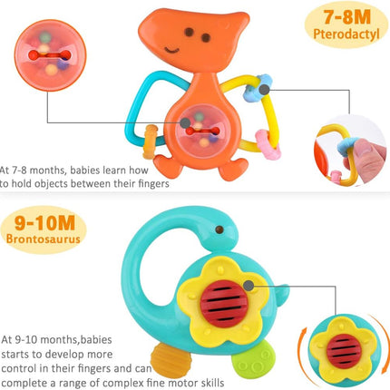 Dinosaur-Themed Infant Rattles | 5 Pc Set with Sensory Teethers | Baby Development Toy | Brightly Colored Shakers | Age-Specific Design | Silicone Teething Relief | Unisex Gift Option
