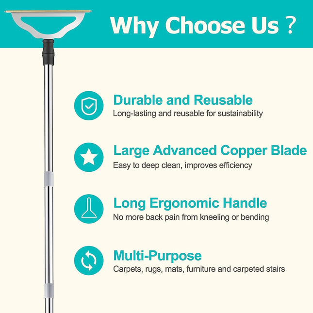 Pet Hair Remover Rake | Carpet & Furniture Copper Bristle | Long Handle Adjustable 47" | Stainless Steel Poles | Lint & Dust Scraper | Durable & Reusable | Easy Pet Fur Removal | Efficient Cleaning Tool