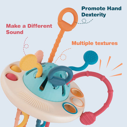 Baby Multi-Sensory Silicone Activity Toy | Fine Motor Skill Development | Vibrant Pull String & Button Features | Safe Phthalate-Free Materials | Travel-Friendly Ufo Design | Ideal for Babies & Toddlers