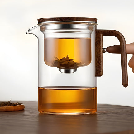 Elegant Glass Teapot | Borosilicate with Wooden Handle | One-Click Dispensing | Thermal Resistant | 520ml/720ml | Dishwasher Safe Infuser | Adjustable Brew Timing | Complete Setup Included