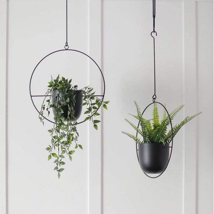 Durable Halo Iron Hanging Planter | Inky Black or Gold | Circular or Oblong Shape | Modern Indoor/Outdoor Decor | Includes Metal Chain & Hardware | Minimalist Design for Plants