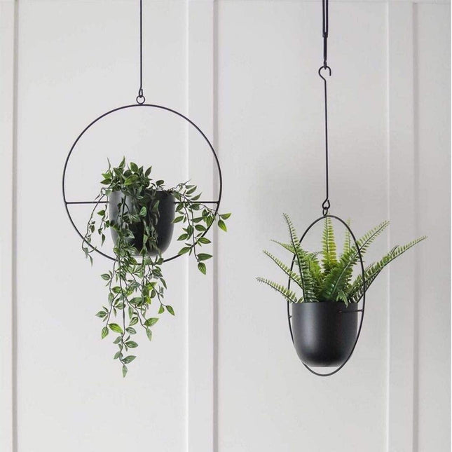 Durable Halo Iron Hanging Planter | Inky Black or Gold | Circular or Oblong Shape | Modern Indoor/Outdoor Decor | Includes Metal Chain & Hardware | Minimalist Design for Plants