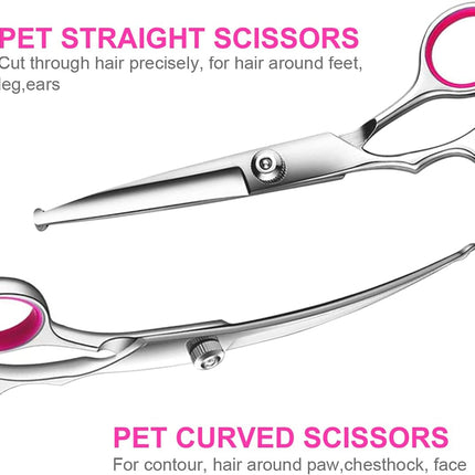 Professional Pet Grooming Scissors Set | Stainless Steel Shears | Round Tips for Safe Trimming | Ergonomic Handle | Includes Thinning Shears, Curved & Straight Scissors, Comb, Cloth, Leather Case