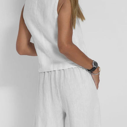 Solid Two-Piece Women's Set | Sleeveless V-Neck Gilet & Pants | Versatile Summer Outfit | Neutral Colors | S-2XL | Timeless Design