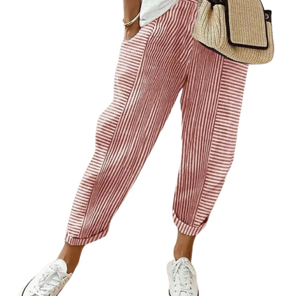 Striped Women's Trousers | High Waist Adjustable Drawstring | Contemporary Look | Functional Side Pockets | Classic Fit for Various Body Types | Size Chart Available
