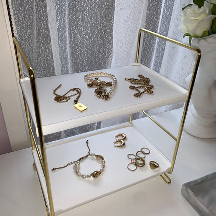 Adjustable Multi-Purpose Tiered Storage Stand | Water-Resistant Plastic Shelves | Metallic Handles | Bathroom, Bedroom, Laundry, Kitchen Pantry Organiser