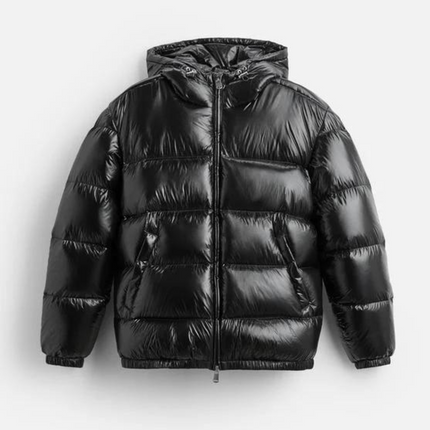 Essential Feather Down Puffer | Recycled Polyamide | Insulated Warmth | Adjustable Hood & High Collar | Practical Pockets | Elastic Hem & Cuffs | Shiny Technical Fabric | Men's Winter Outerwear