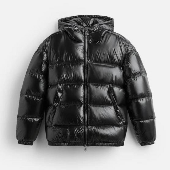 Essential Feather Down Puffer | Recycled Polyamide | Insulated Warmth | Adjustable Hood & High Collar | Practical Pockets | Elastic Hem & Cuffs | Shiny Technical Fabric | Men's Winter Outerwear