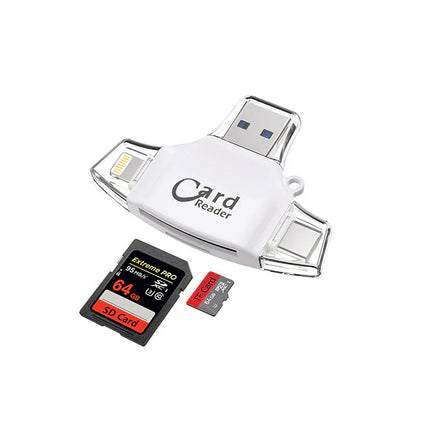 4-in-1 Universal Memory Card Reader | USB/USB C/Micro USB/Lightning Ports | SD TF Card Compatibility | Supports Up to 400GB | Compact Design with Keychain
