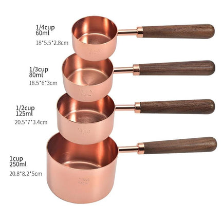 Copper-Plated Stainless Steel Measuring Cups and Spoons Set | Walnut Handle | Engraved Markings | Non-Slip Grip | Perfect for Baking and Cooking | Set of 8 | Ideal as Gift for Kitchen Enthusiasts
