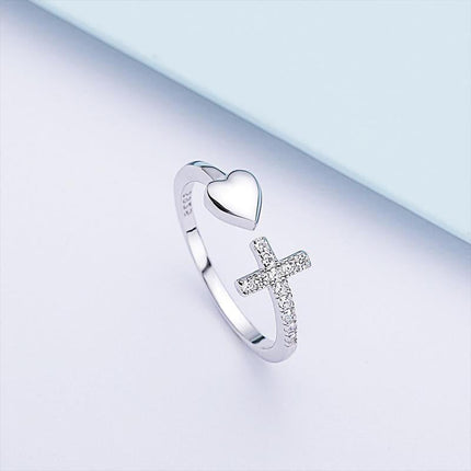 Unique Design S925 Sterling Silver Cross Heart Ring | Adjustable | Nickel and Lead-Free | White Gold Plated | Versatile Jewelry Gift for Loved Ones