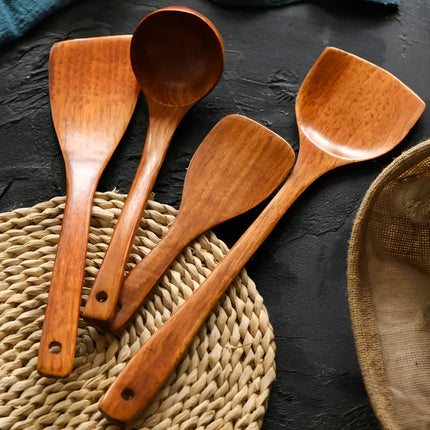 Premium 4-Piece Wooden Kitchen Utensil Set | Durable Hardwood Tools | Scratch-Free for Non-Stick Cookware | Includes Ladle, Spatulas & Spoon | Easy to Clean | Space-Saving Storage with Hanging Holes