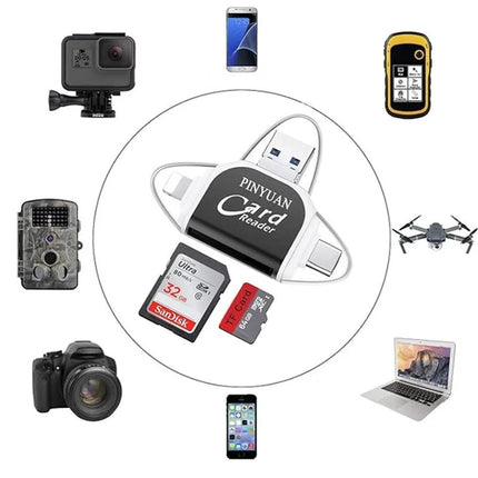 4-in-1 Universal Memory Card Reader | USB/USB C/Micro USB/Lightning Ports | SD TF Card Compatibility | Supports Up to 400GB | Compact Design with Keychain