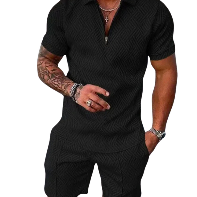 Men's Summer Set | Polo Shirt with Zip-Up | Matching Shorts | Classic Fit | Neutral Colors | Cotton-Polyester Blend | Sizes S-4XL | Comfortable and Stylish