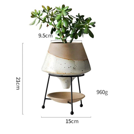 Glazed Terracotta Teardrop Planter with Metal Stand | Indoor Pot with Saucer | 12" H, 9" Diameter | Modern Drainage Hole Design