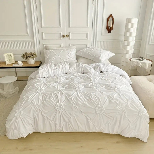 Elegant Ruffle Flower Quilt Cover Set | Cotton Polyester Blend | Pinch Pleated Design | Includes Quilt Cover and Pillowcases | Zipper Closure with Corner Ties | Machine Washable | Available in White, Black, Beige