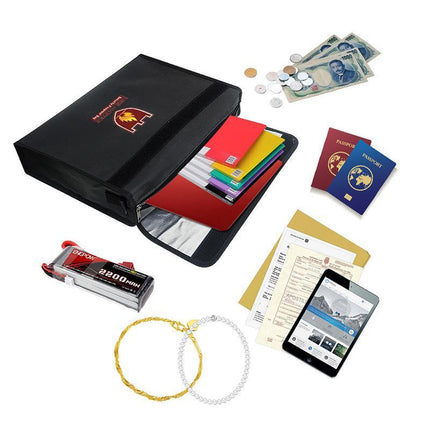 Fire-Resistant Document Folder | Silicone Coated Fiberglass | Double-Layered Closure | 15-Inch Opening | Water-Repellent | Adjustable Strap | Black | 38x28x7.5cm | Protects Up to 2000°F