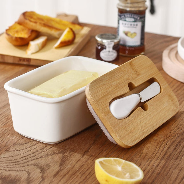 Ceramic Butter Dish | Wooden Lid with Silicone Seal | Includes Spreading Knife | Elegant | Airtight | Fresh Butter Storage | 600ml Capacity | 7.6 x 16.8 x 9.8 cm