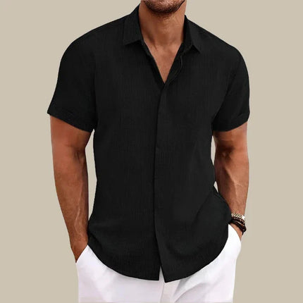 Men's Short-Sleeved Polyester Blend Shirt | Casual Button-Up | Classic Collar | Relaxed Fit | Available in Blue, White, Pink, Grey, Light Grey, Black | Sizes S-3XL | Perfect for Warm-Weather Events