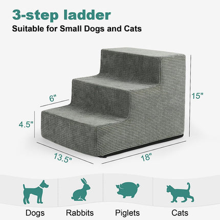 Dog Steps for Small Pets | High-Density Foam | Non-Slip | Wood Climbing | Easy Clean | Fits High Beds & Sofas | Practical Nordic Design | Support for Cats & Elderly Dogs | Gray 3-Step with Removable Cover