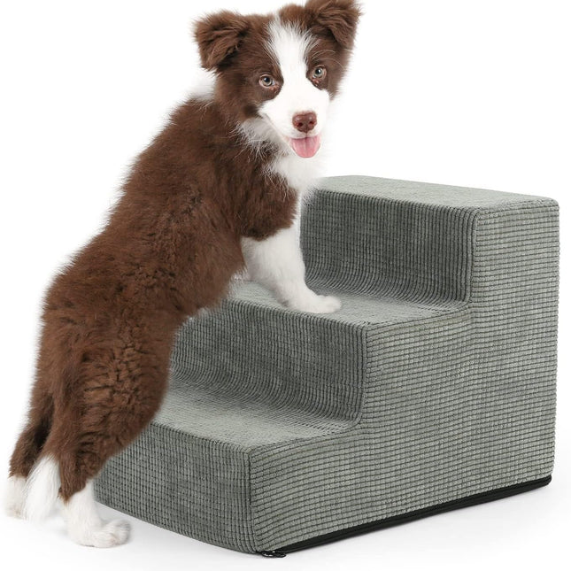 Dog Steps for Small Pets | High-Density Foam | Non-Slip | Wood Climbing | Easy Clean | Fits High Beds & Sofas | Practical Nordic Design | Support for Cats & Elderly Dogs | Gray 3-Step with Removable Cover