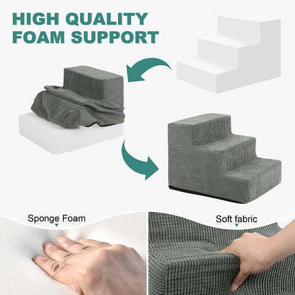 Dog Steps for Small Pets | High-Density Foam | Non-Slip | Wood Climbing | Easy Clean | Fits High Beds & Sofas | Practical Nordic Design | Support for Cats & Elderly Dogs | Gray 3-Step with Removable Cover