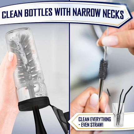Dish Brush Set of 4 | Includes Handle Dish Brush, Bottle Scrubber, Straw Cleaner | Ideal for Pots, Pans, Bowls, Sinks | Extra Bristles for Corners | Built-In Scraper | Long Neck & Stainless Steel Elements