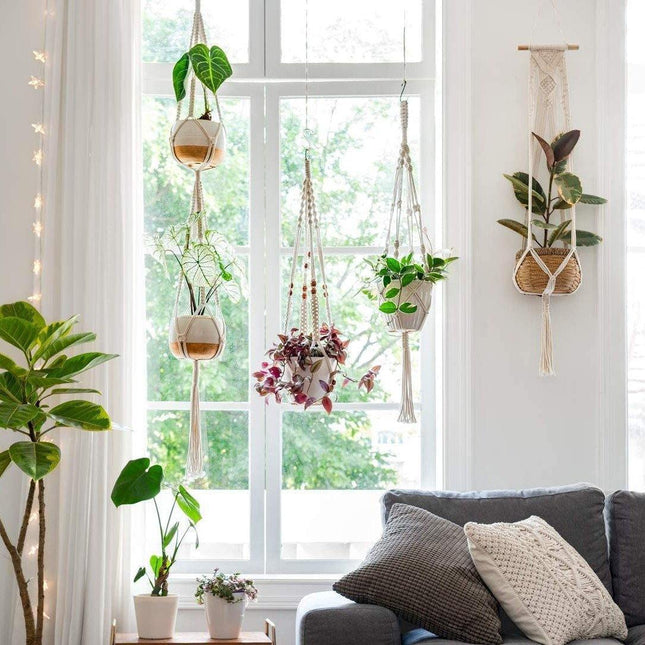 Handmade Macrame Plant Hanger Set | 4-Piece Boho Decor | Vintage Ivory Cotton Rope | Hanging Planters for Indoor Plants | Fits Pots Up to 7" | Eco-Friendly and Durable | Perfect for Home Indoor Use