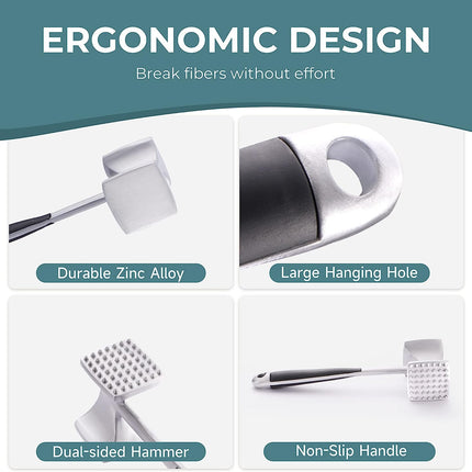 Kitexpert Ergonomic Meat Tenderizer Hammer | Dual-Sided Mallet | Comfortable Handle for Effortless Use | Textured & Smooth Sides | Versatile for Meat, Ice, Garlic | 9.4" Long, 3.4" Wide, 9.5 oz | Easy to Clean