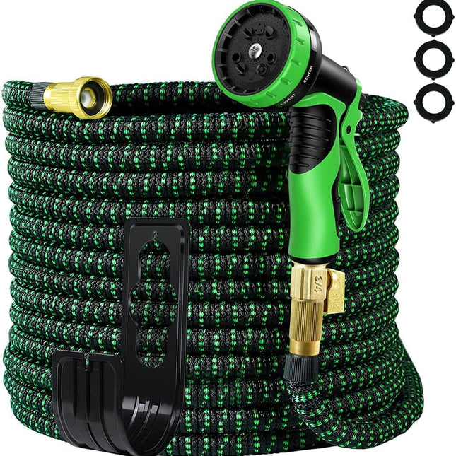 Expandable 100ft Heavy-Duty No-Kink Garden Hose | Double Layer Latex Core | Solid Brass Fittings | Flexible Lightweight Retractable Design | Ideal for Watering, Cleaning, Car Wash, Pet Bathing