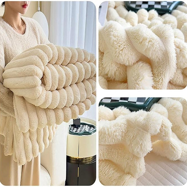 Faux Rabbit Fur Throw Blanket | Double-Sided Flannel | Thick & Warm | Reversible Soft Fleece | Elegant Textured Design | Cozy Addition for Sofa & Bed | Multiple Colors & Sizes | Easy-Care Machine Washable