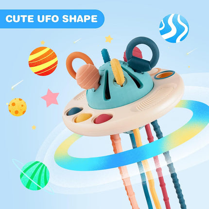 Baby Multi-Sensory Silicone Activity Toy | Fine Motor Skill Development | Vibrant Pull String & Button Features | Safe Phthalate-Free Materials | Travel-Friendly Ufo Design | Ideal for Babies & Toddlers