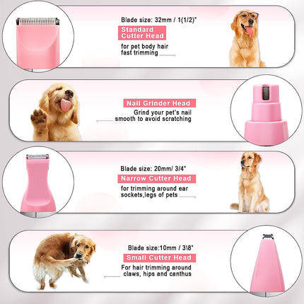 Dog Grooming Clippers Kit | Low Noise Hair Clippers for Dogs | Quiet & Effective Pet Grooming Tools | Cordless Design | Includes 3 Trimmer Heads & Nail Grinder | Lightweight & Portable | Washable & Easy to Use