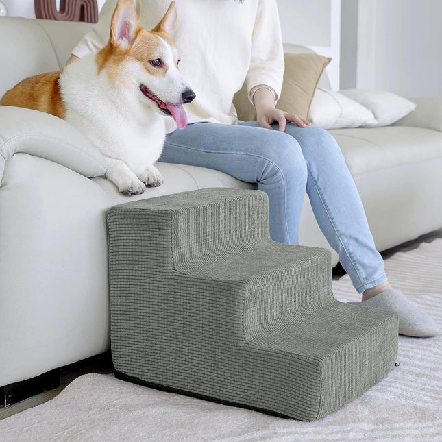 Dog Steps for Small Pets | High-Density Foam | Non-Slip | Wood Climbing | Easy Clean | Fits High Beds & Sofas | Practical Nordic Design | Support for Cats & Elderly Dogs | Gray 3-Step with Removable Cover