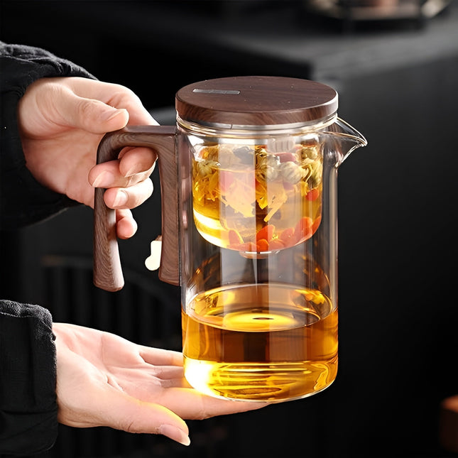 Elegant Glass Teapot | Borosilicate with Wooden Handle | One-Click Dispensing | Thermal Resistant | 520ml/720ml | Dishwasher Safe Infuser | Adjustable Brew Timing | Complete Setup Included