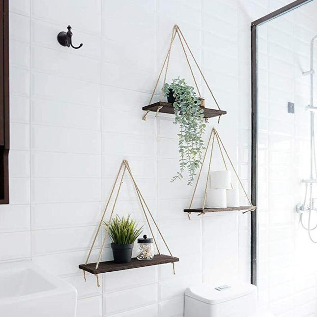Rope Hanging Wall Shelf | Rustic Paulownia Wood & Jute | Indoor & Outdoor | Decorative Display for Plants, Photos, Collectibles | Easy Installation | Mold Resistant | 35x14x0.85cm