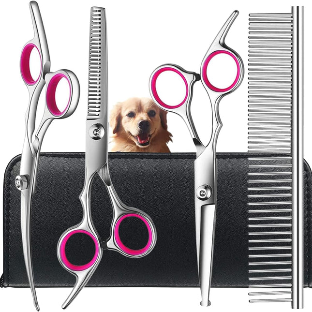 Professional Pet Grooming Scissors Set | Stainless Steel Shears | Round Tips for Safe Trimming | Ergonomic Handle | Includes Thinning Shears, Curved & Straight Scissors, Comb, Cloth, Leather Case