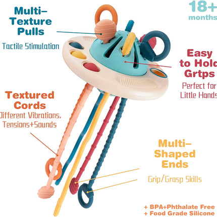 Baby Multi-Sensory Silicone Activity Toy | Fine Motor Skill Development | Vibrant Pull String & Button Features | Safe Phthalate-Free Materials | Travel-Friendly Ufo Design | Ideal for Babies & Toddlers