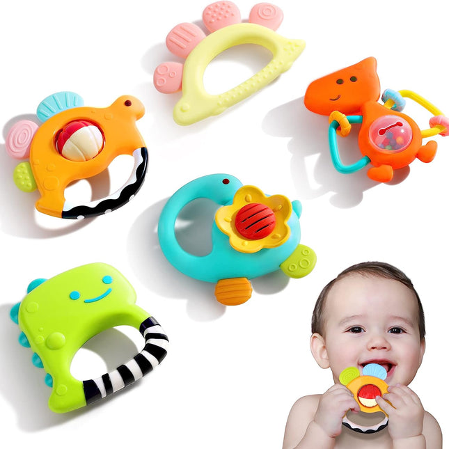 Dinosaur-Themed Infant Rattles | 5 Pc Set with Sensory Teethers | Baby Development Toy | Brightly Colored Shakers | Age-Specific Design | Silicone Teething Relief | Unisex Gift Option