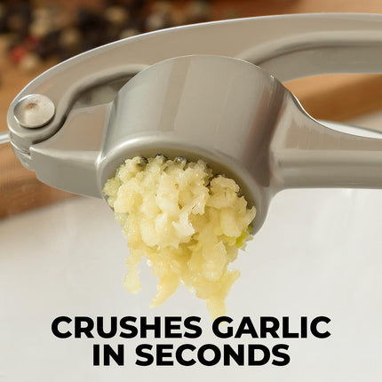 Garlic Press | Ergonomic Soft Handle | Includes Silicone Peeler & Cleaning Brush | Food-Grade Rust-Resistant | Multi-Purpose Mincer for Garlic, Ginger, Seeds & More | Easy to Clean & Use