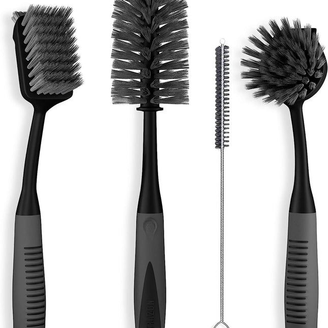 Dish Brush Set of 4 | Includes Handle Dish Brush, Bottle Scrubber, Straw Cleaner | Ideal for Pots, Pans, Bowls, Sinks | Extra Bristles for Corners | Built-In Scraper | Long Neck & Stainless Steel Elements