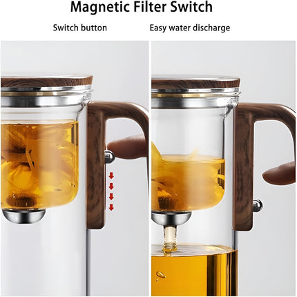 Elegant Glass Teapot | Borosilicate with Wooden Handle | One-Click Dispensing | Thermal Resistant | 520ml/720ml | Dishwasher Safe Infuser | Adjustable Brew Timing | Complete Setup Included