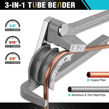 3-in-1 Tube Bender | 1/4" 5/16" 3/8" Bending Tool | For Copper Brass Aluminum Thin Steel | Lightweight Grey Aluminum | Ergonomic Handle | Precision Marks | Up to 90° Bends | Plumbing DIY Automotive
