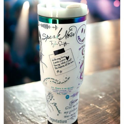 Taylor Swift Inspired Stainless Steel Tumbler | Insulated Leak-Resistant Design | Custom Lyrics & Sketches | Double-Wall Vacuum Sealed | Durable & Rust-Resistant | Ergonomic Handle | Dishwasher Safe | Travel Friendly