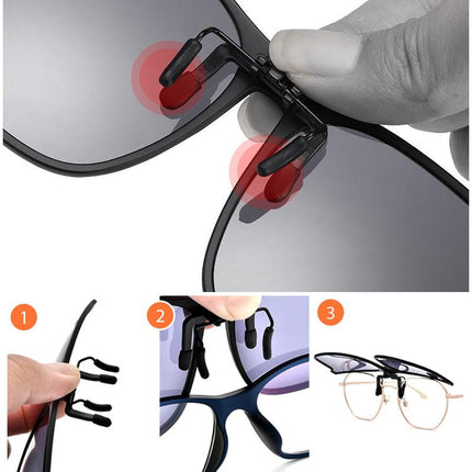 Polarized Clip-On Sunglasses | UV400 Lens | Lightweight Magnesium Alloy | Reduces Eye Strain | Flip-Up Design | Multilayer Coatings | Scratch-Resistant | Compact and Easy to Attach | Various Colors