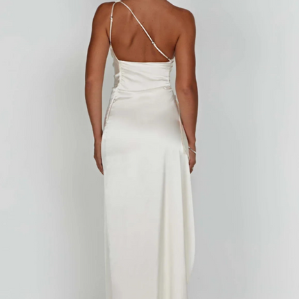 Eva | Pleated Satin Maxi Dress | One Shoulder Elegant Slit Gown for Chic Events